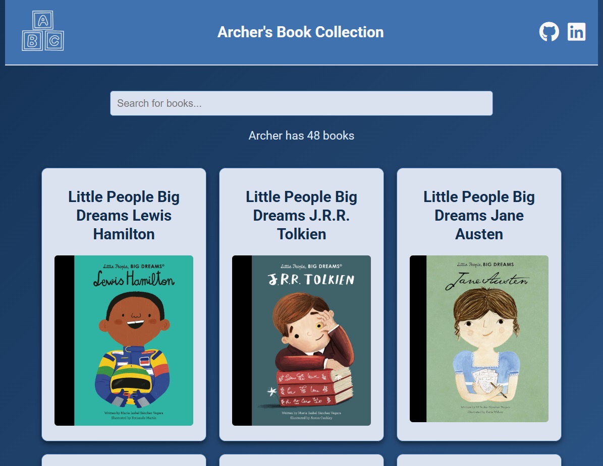 A screenshot of the Archers Book Collection website